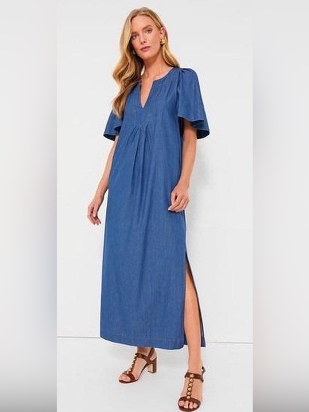 Tuckernuck Pomander Place Finley Denim Flutter Sleeve Maxi Dress,Size-Small